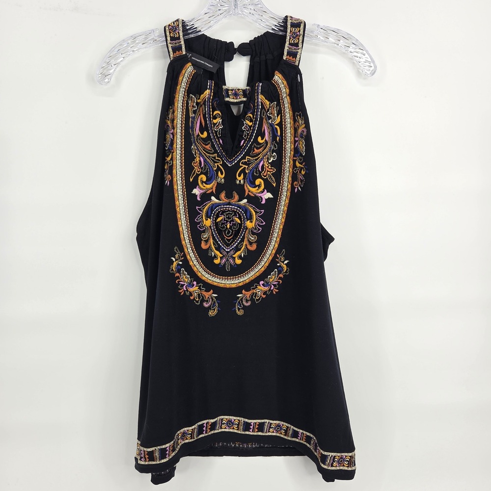 INC Halter Tank Top XXL Black Embroidered Beaded Boho Eclectic Art-Inspired